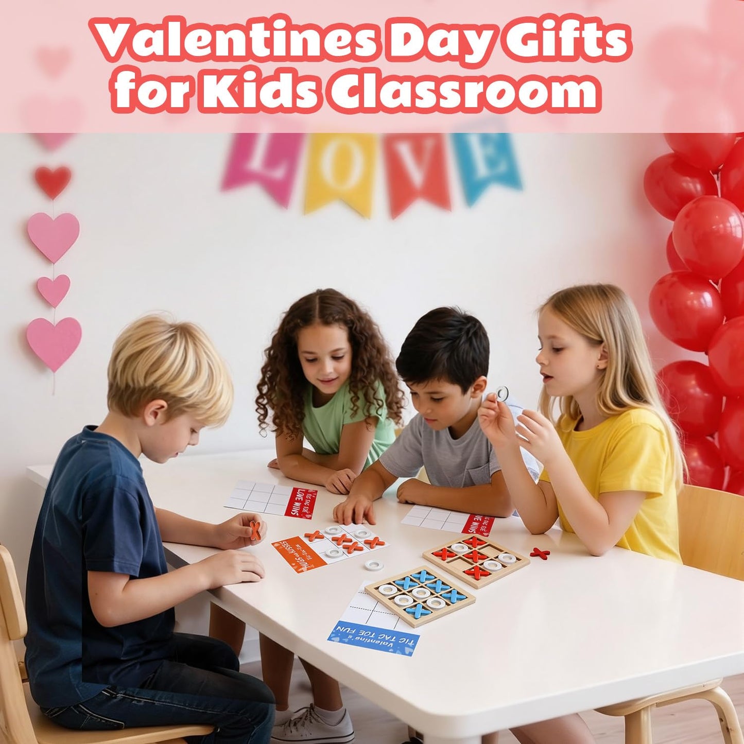 NAXYAN Valentines Day Cards for Kids – 24 Pack Classroom Gifts with Wooden Tic Tac Toe