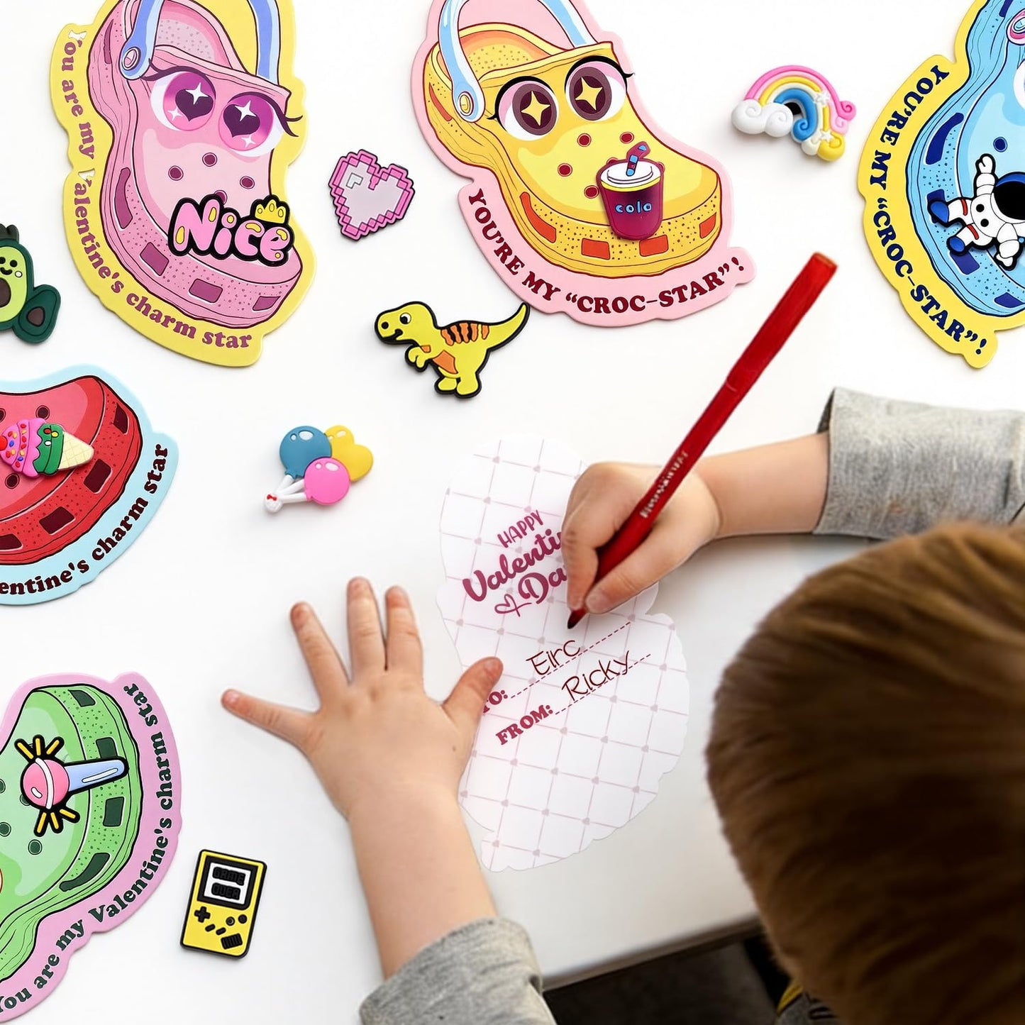 NAXYAN Valentines Day Cards for Kids — 30 Pack with Shoe Charms | Classroom Gifts & Party Favors