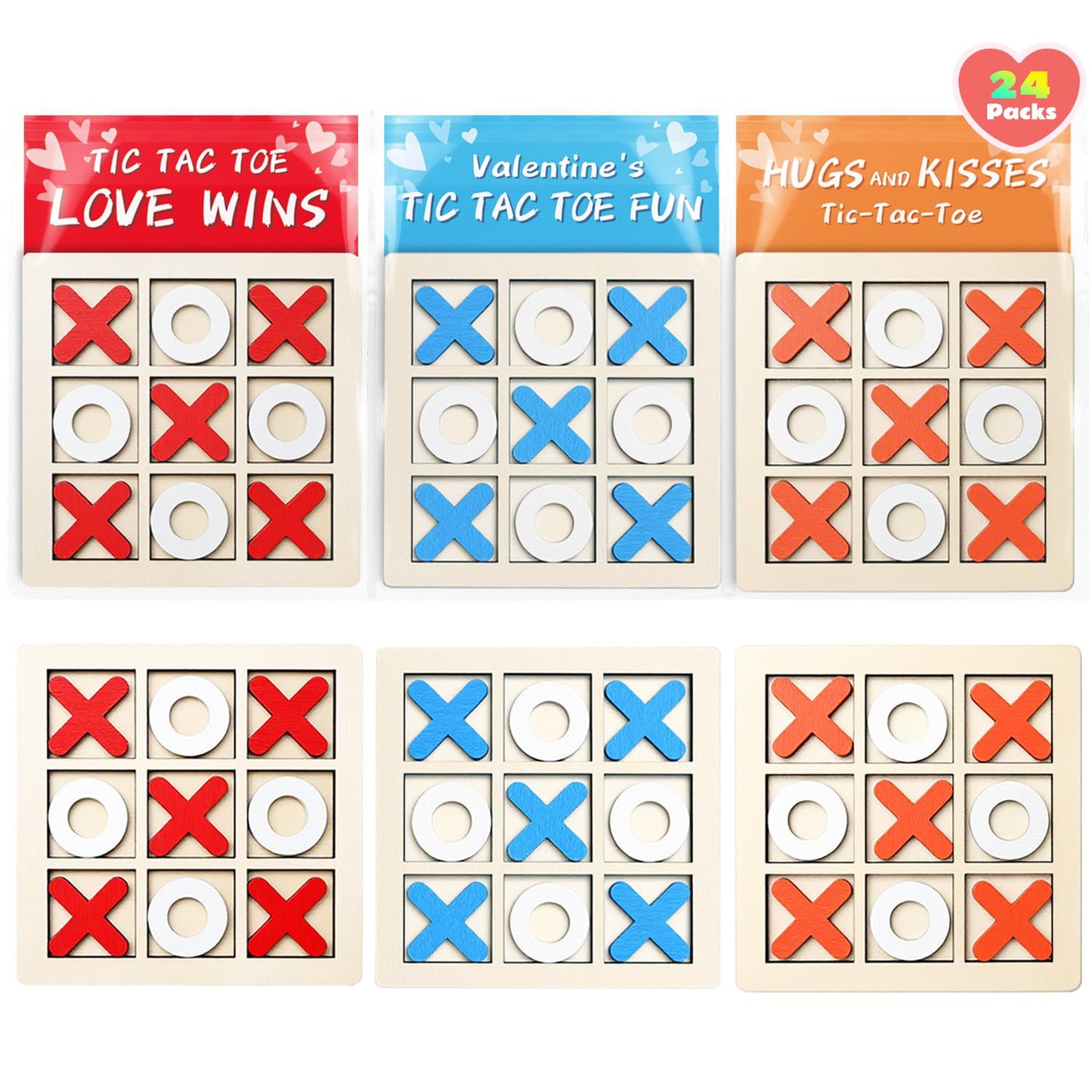 NAXYAN Valentines Day Cards for Kids – 24 Pack Classroom Gifts with Wooden Tic Tac Toe
