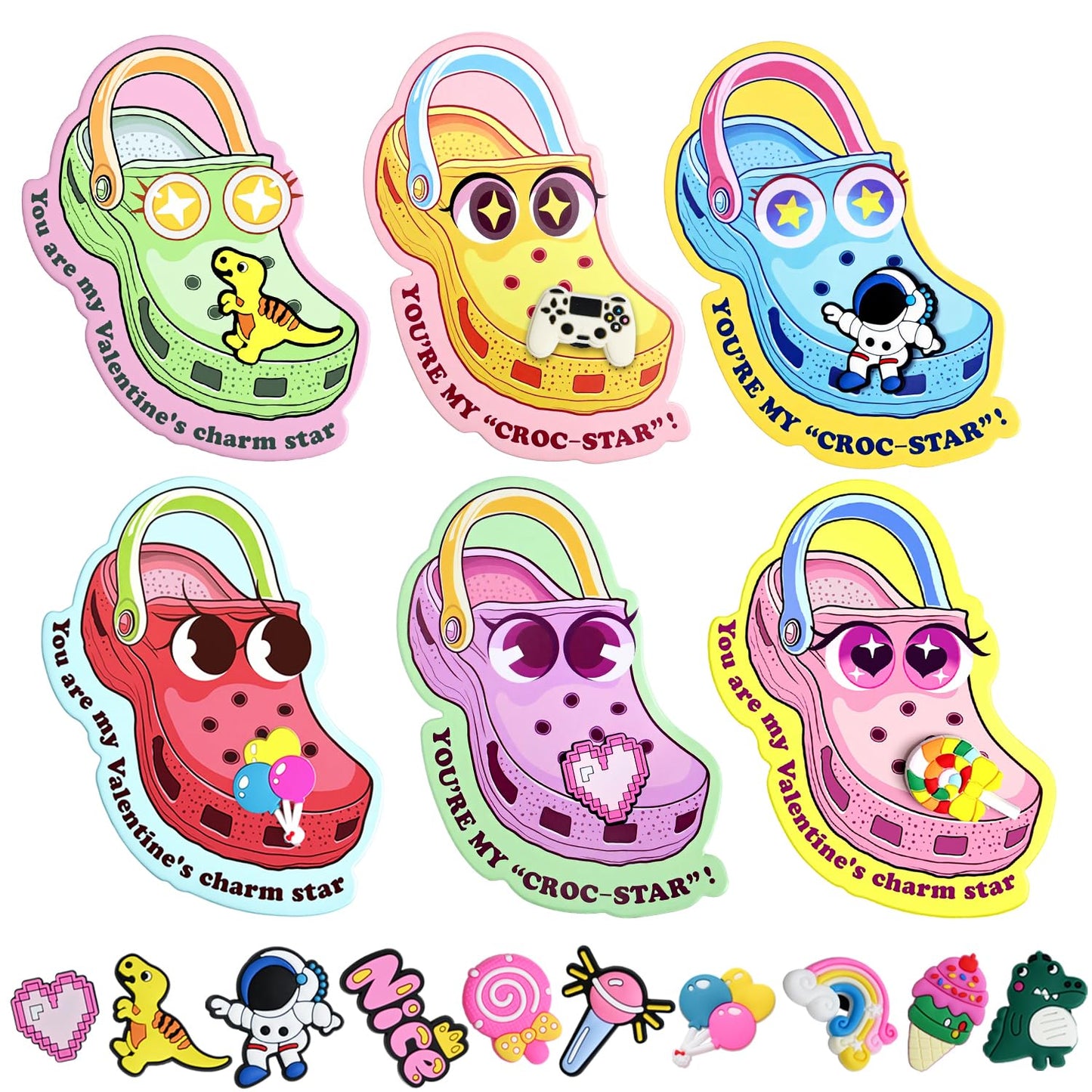 NAXYAN Valentines Day Cards for Kids — 30 Pack with Shoe Charms | Classroom Gifts & Party Favors