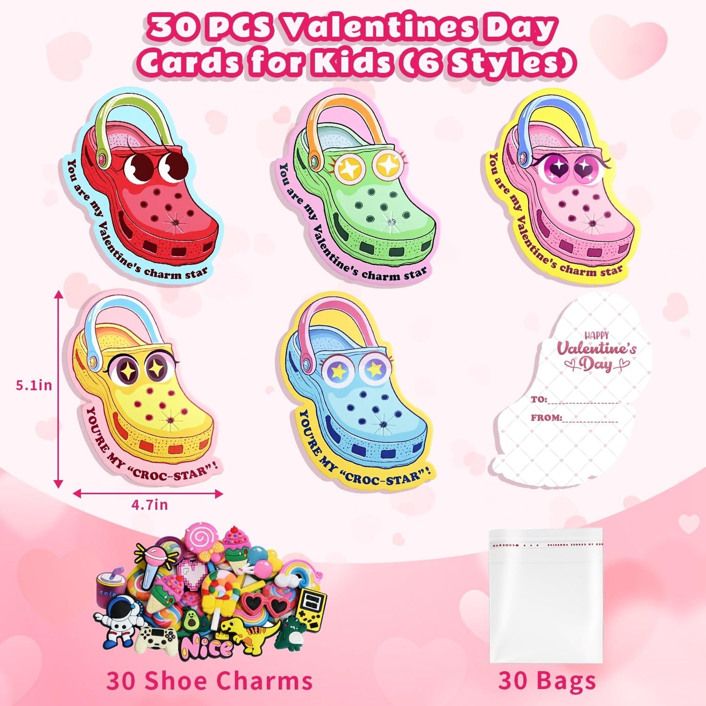 NAXYAN Valentines Day Cards for Kids — 30 Pack with Shoe Charms | Classroom Gifts & Party Favors