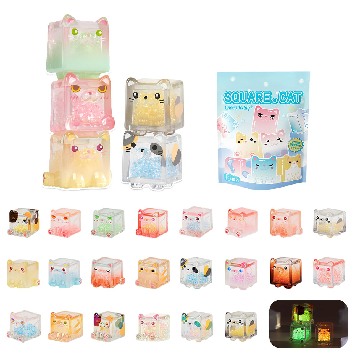 Glow in the Dark Square Cat Blind Box – 5 Figures per Box | NBBRDDN Collectible Toys