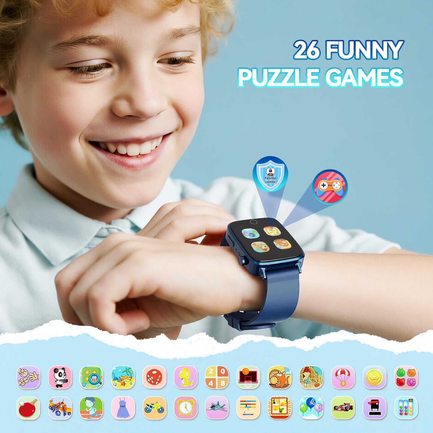 NBKLS Kids Smart Watch for Boys | 1.54 inch Touch Screen, 10 Audiobooks, 26 Puzzle Games