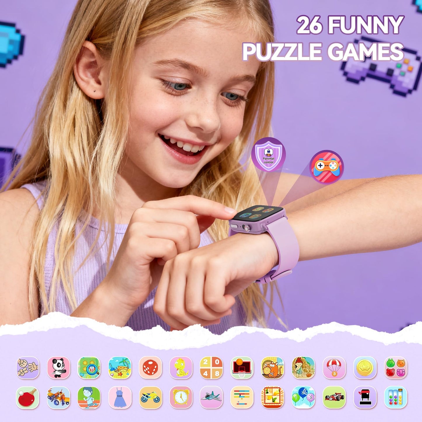 NBKLS Kids Smart Watch for Girls | Ages 5-9, 26 Puzzle Games, Pedometer & Learning Cards