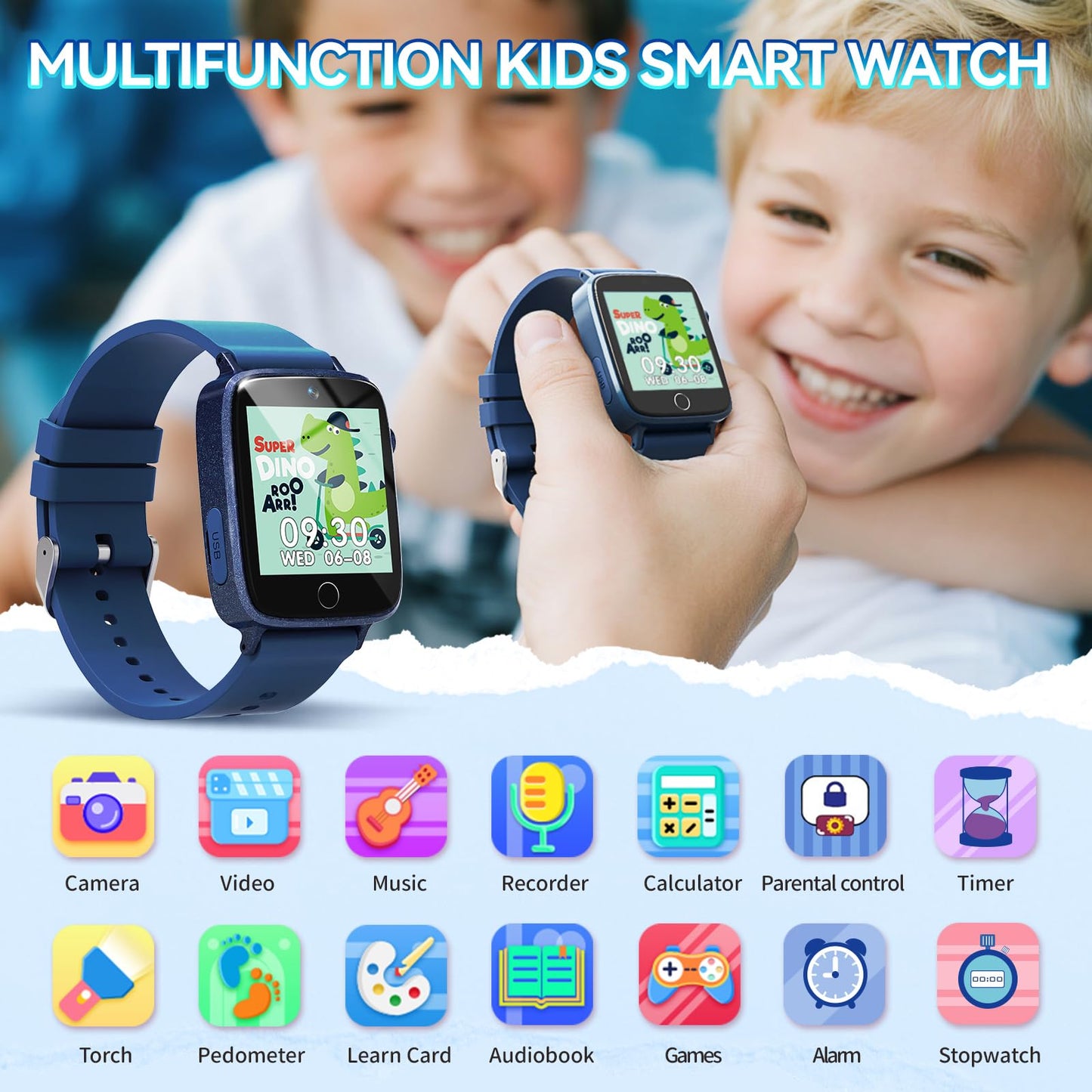 NBKLS Kids Smart Watch for Boys | 1.54 inch Touch Screen, 10 Audiobooks, 26 Puzzle Games