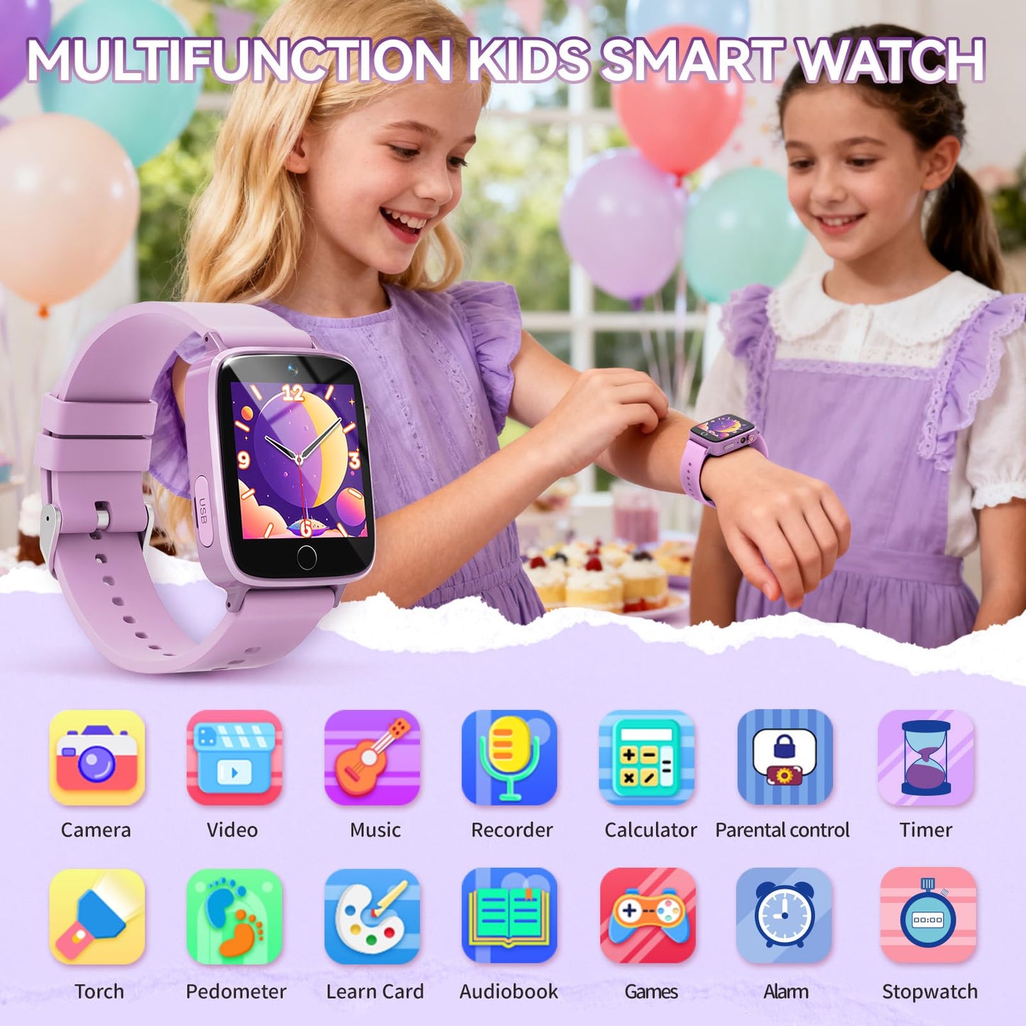 NBKLS Kids Smart Watch for Girls | Ages 5-9, 26 Puzzle Games, Pedometer & Learning Cards