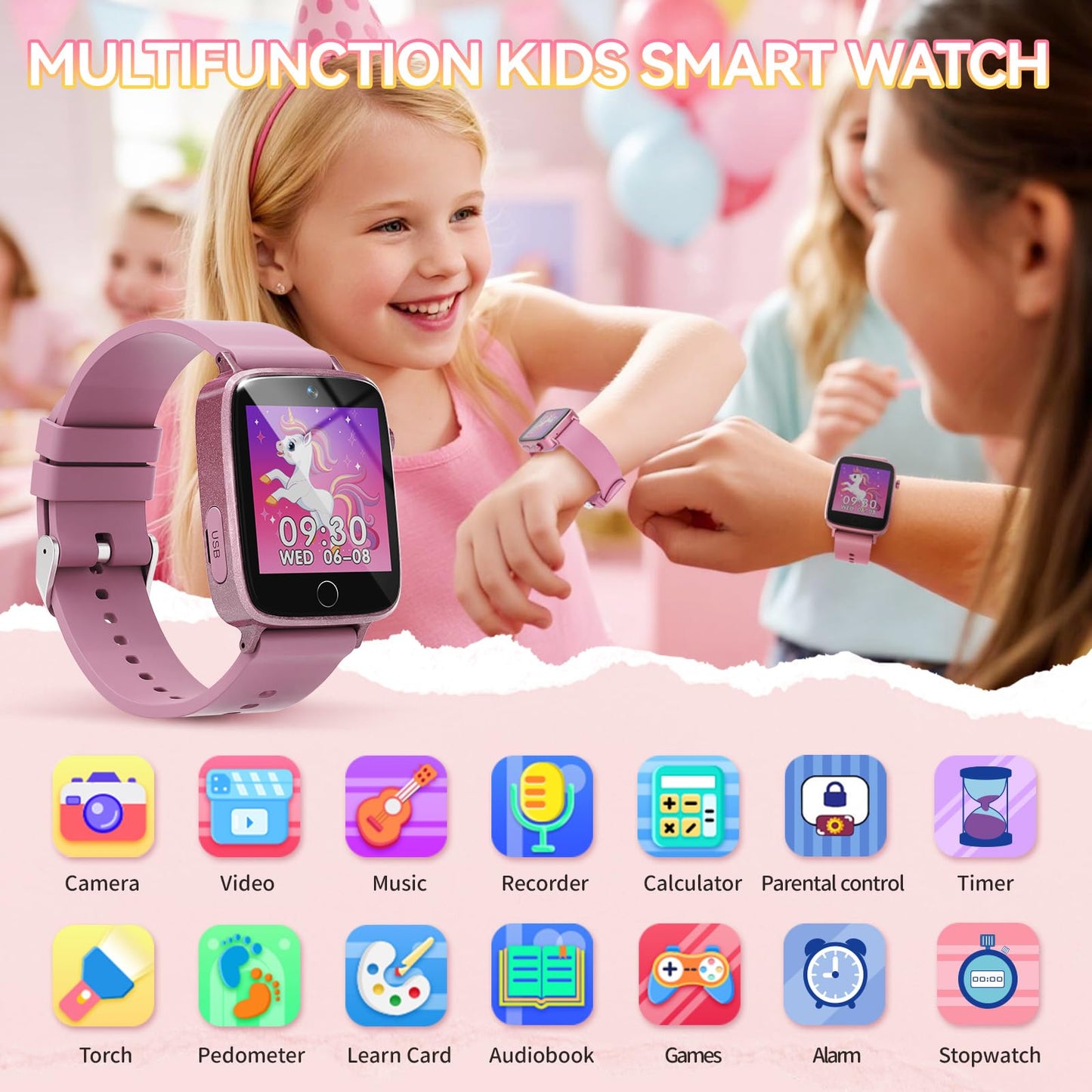 NBKLS Kids Watch for Girls — 26 Puzzle Games, 1.54 inch Color Screen, Learning Cards & Audiobooks
