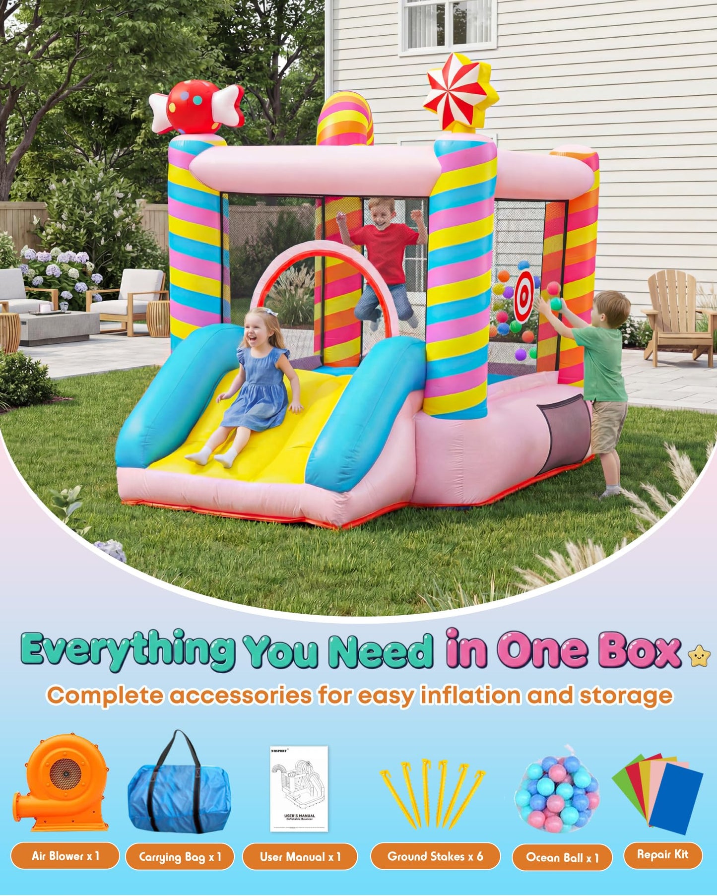 NBSPORT Candy Bounce House for Kids 3-6 — Indoor/Outdoor Inflatable Castle with Slide