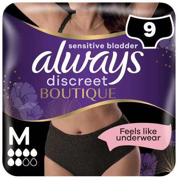 Always Discreet Boutique Incontinence Pants Women, 9 pack, Size M, New but scruffy packaging