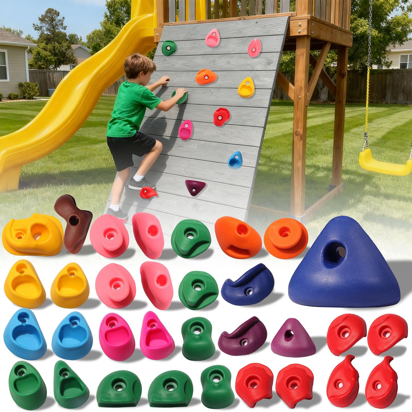 NEATATOU 32-Piece Rock Climbing Holds Kit for Kids — Indoor/Outdoor Wall Mount with Hardware