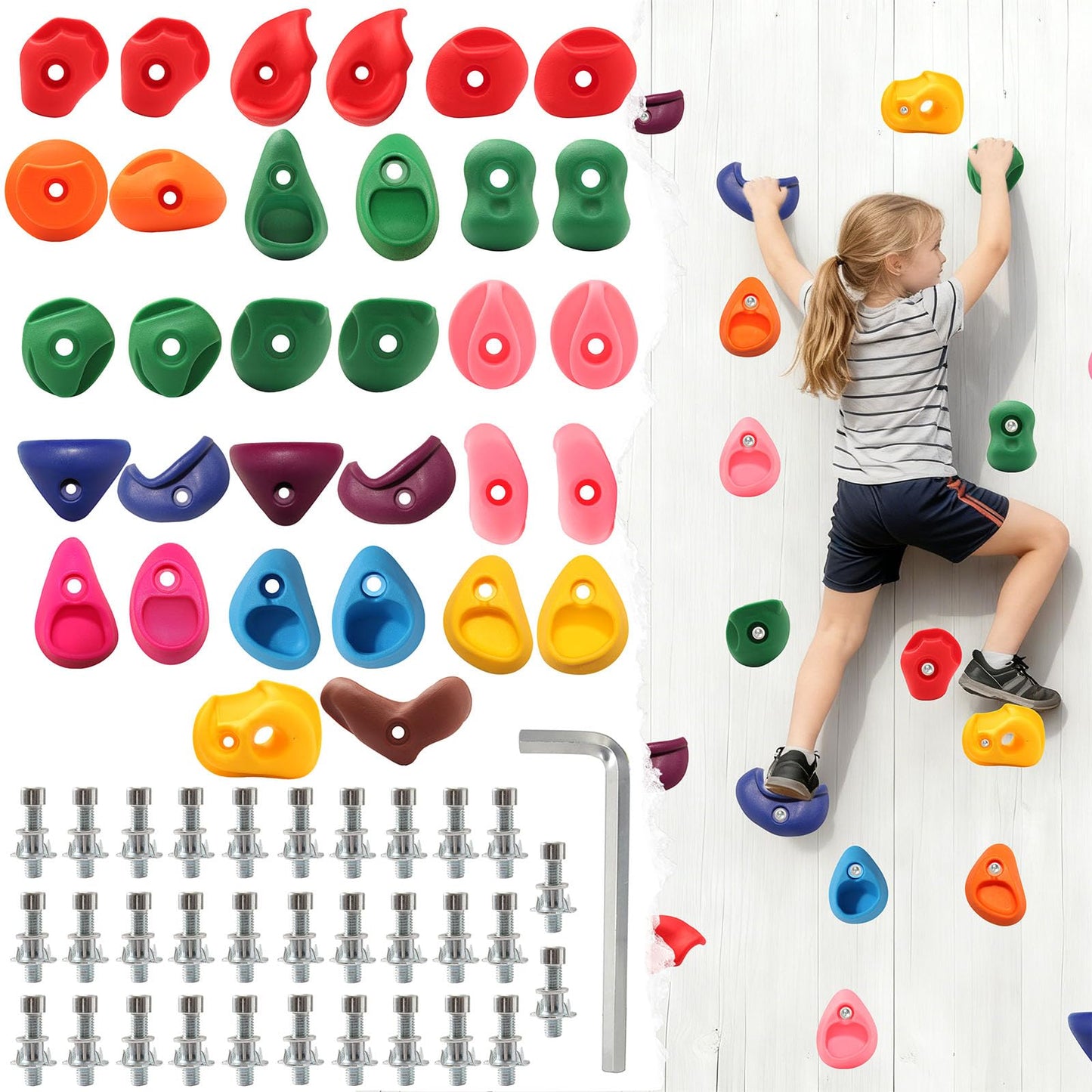 NEATATOU 32-Piece Rock Climbing Holds Kit for Kids — Indoor/Outdoor Wall Mount with Hardware