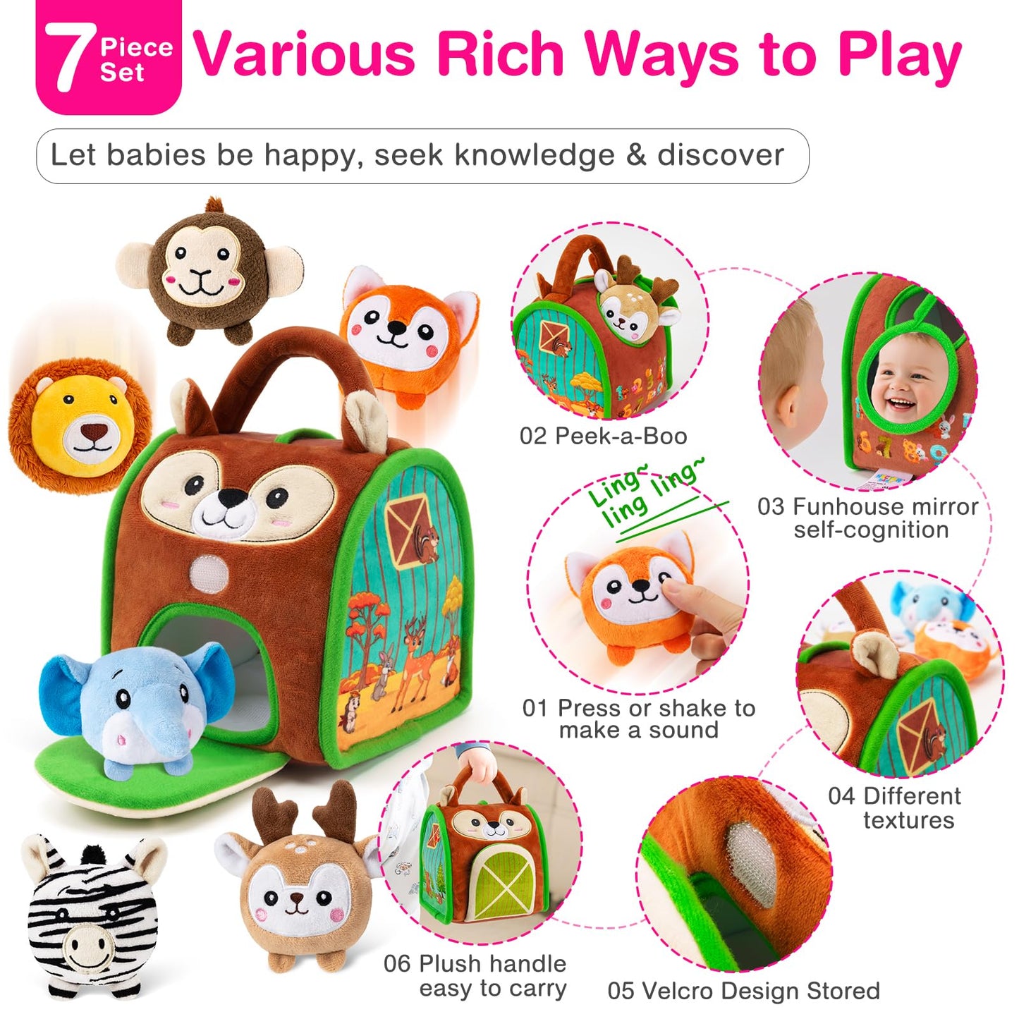 NECTAR BABY Montessori Sensory Plush Toys for Babies 6-12 Months & Toddlers 1-3 | Rattle, Crinkle & Safe Mirror