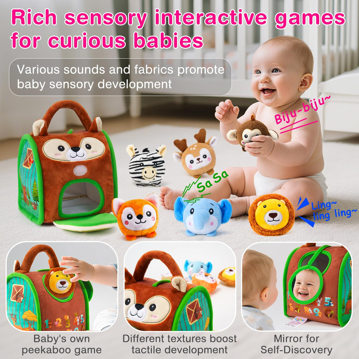 NECTAR BABY Montessori Sensory Plush Toys for Babies 6-12 Months & Toddlers 1-3 | Rattle, Crinkle & Safe Mirror