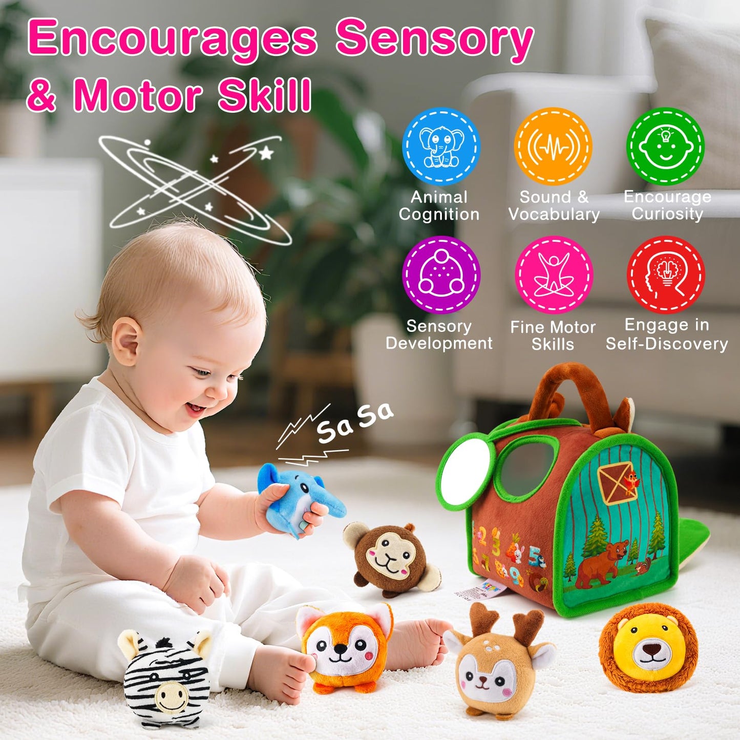 NECTAR BABY Montessori Sensory Plush Toys for Babies 6-12 Months & Toddlers 1-3 | Rattle, Crinkle & Safe Mirror