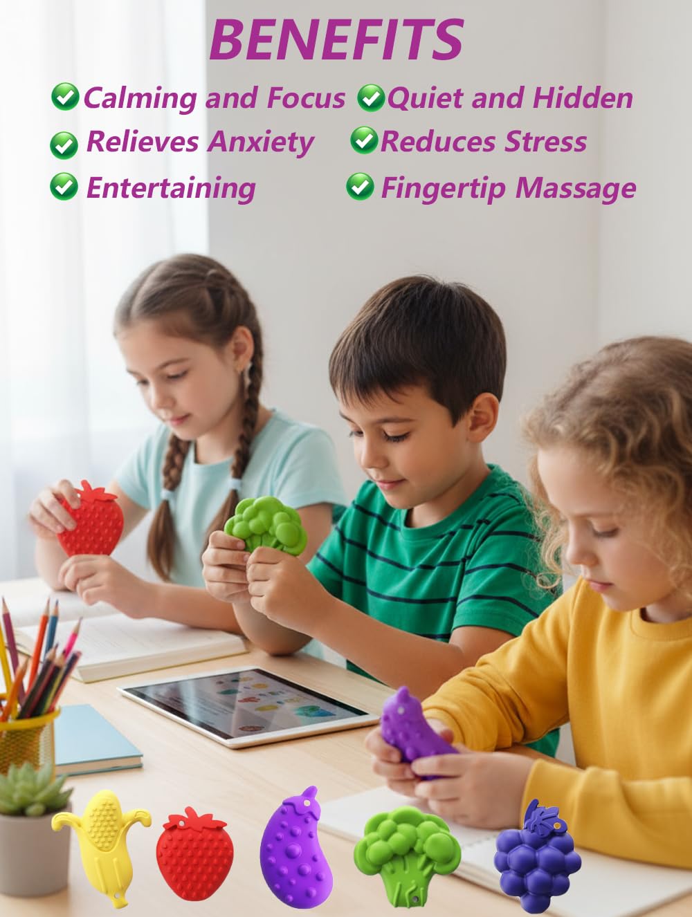 NEDWOLLE 8Pcs Silicone Fruit Worry Stones Fidget Toy – Portable Sensory Tools for Adults & Kids