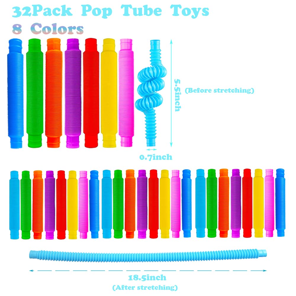 Neec 32-Pack Pop Tubes — Colorful Sensory Fidget Toys for Stress Relief, Focus, and Learning