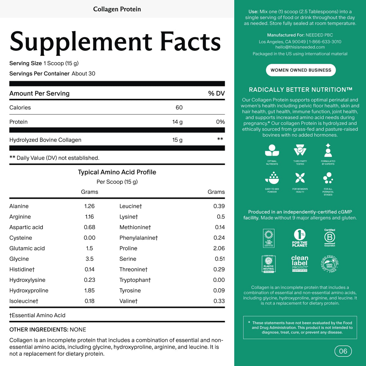 Needed Hydrolyzed Collagen Protein Powder – Grass-Fed, Hormone-Free, 1lb