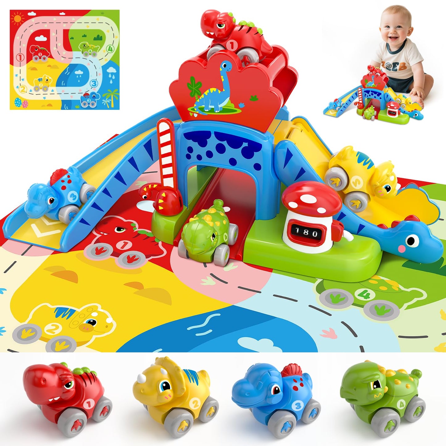 NEHEME Toddler Toy Set for Ages 1-2 | Educational Dinosaur Slide & Playmat