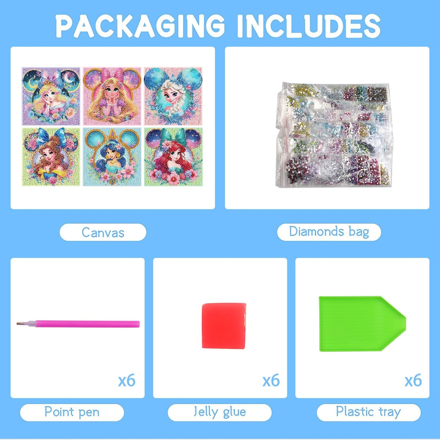 nekpiahu 6 Pack Diamond Art Kits for Kids | Cartoon Diamond Art for Ages 4-12 | 6x6 Inch Wall Decor
