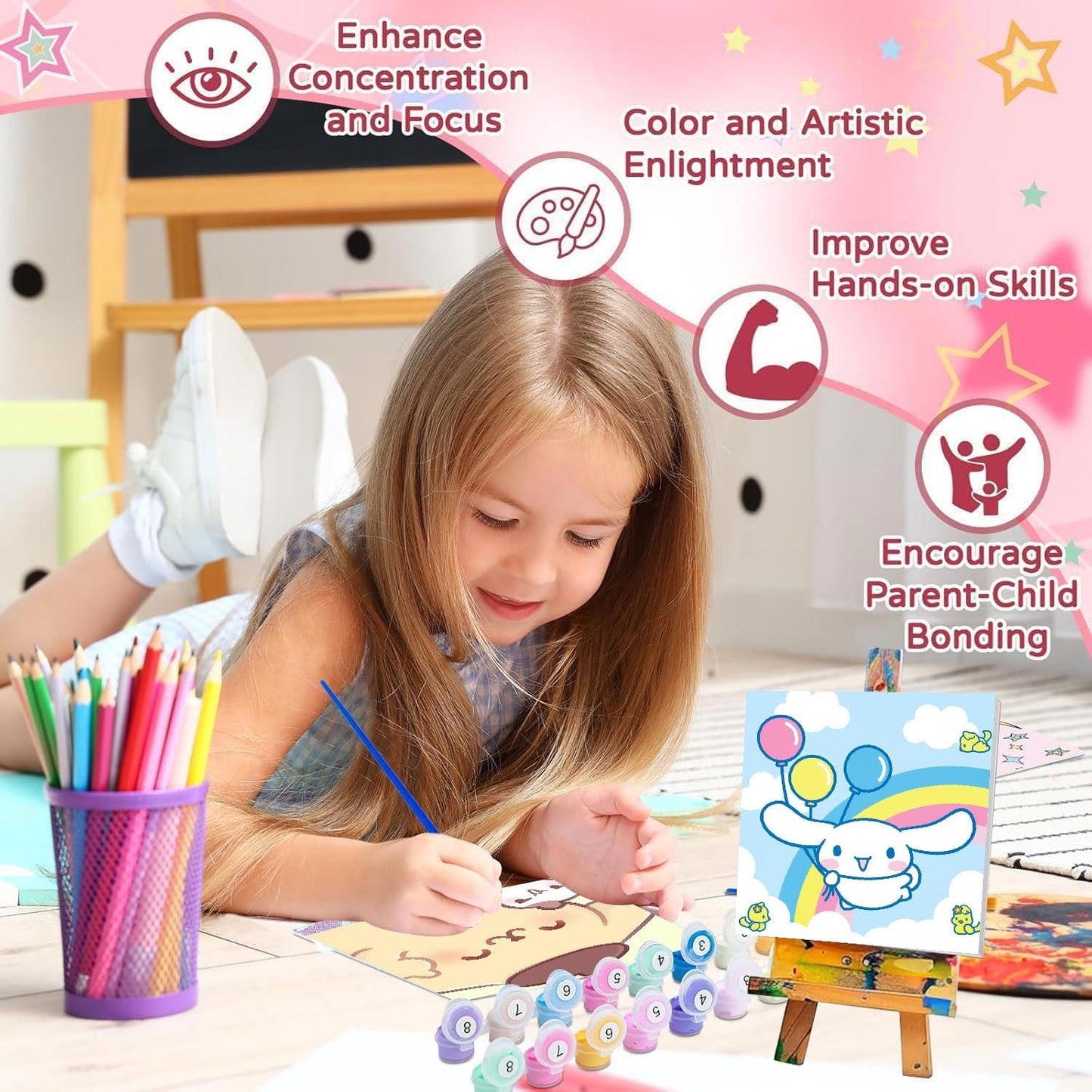nekpiahu 6 Pack Cartoon Paint by Numbers for Kids – Framed Canvas with Wooden Easel