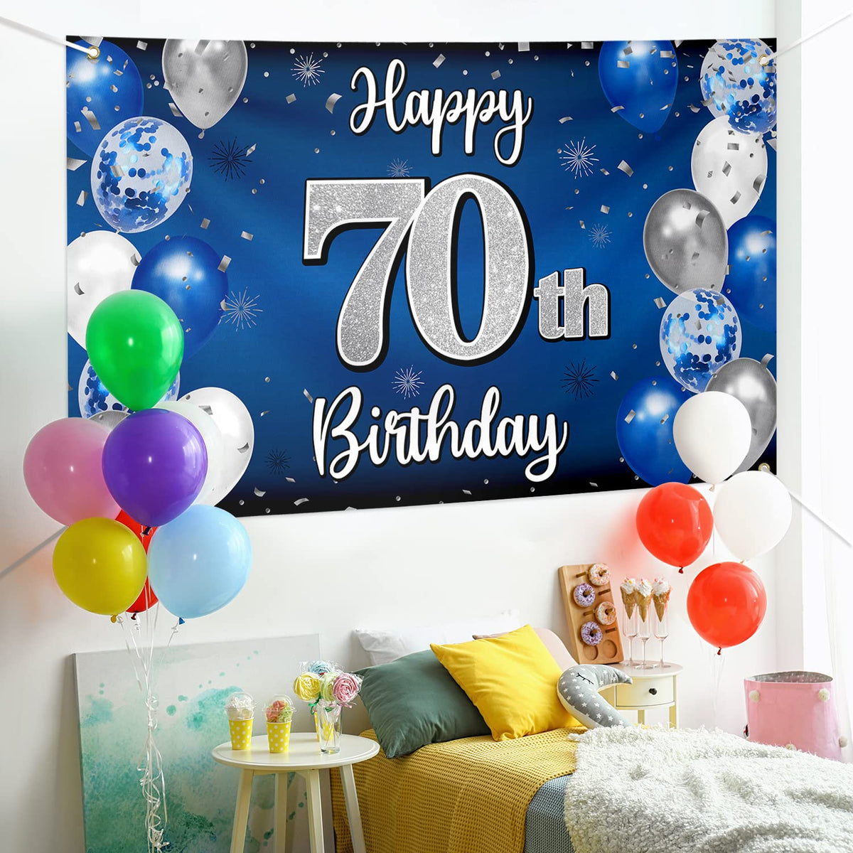 Nelbiirth Happy 70th Birthday Decorations – Blue & Silver Backdrop Banner for Seventy Years Celebration