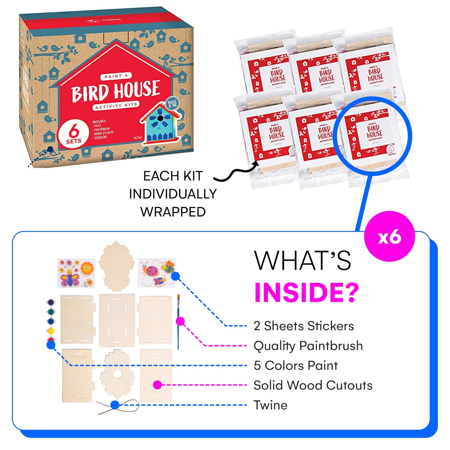 Neliblu 2 Pack Birdhouse Kits for Kids – DIY Pre-Cut Birdhouses with Paints & Brushes