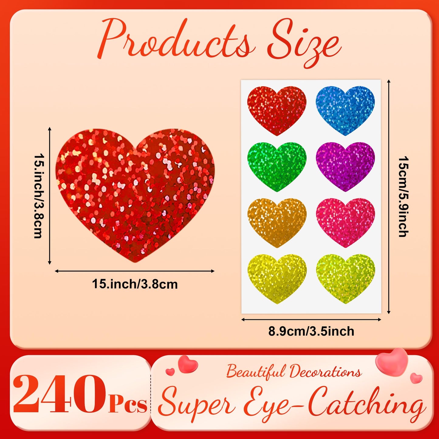 Nelisylux Heart Stickers – 320 Glittery 1.5 Inch Self-Adhesive Hearts for Crafts, Cards, Envelopes, and Gifts