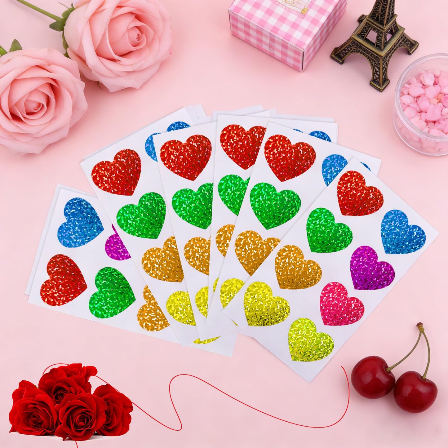 Nelisylux Heart Stickers – 320 Glittery 1.5 Inch Self-Adhesive Hearts for Crafts, Cards, Envelopes, and Gifts