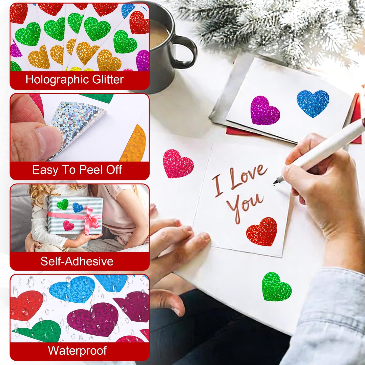Nelisylux Heart Stickers – 320 Glittery 1.5 Inch Self-Adhesive Hearts for Crafts, Cards, Envelopes, and Gifts