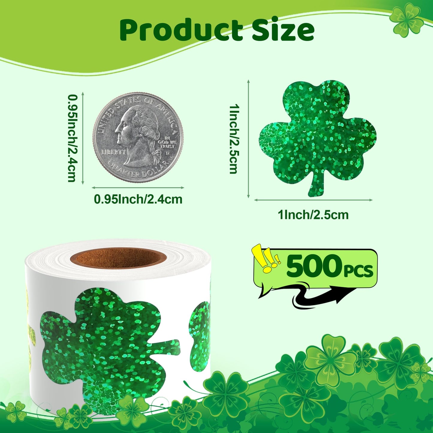 Nelisylux St. Patrick's Day Stickers Roll – 500 Pcs Glitter & Holographic Shamrocks
