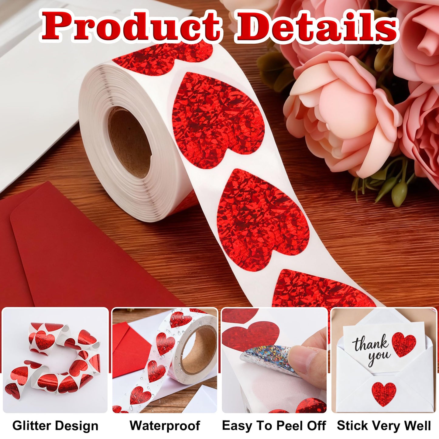 Nelisylux 1.5 Inch Glitter Heart Stickers – 500 Pcs Red Valentine Stickers for Crafts, Envelopes, Gifts