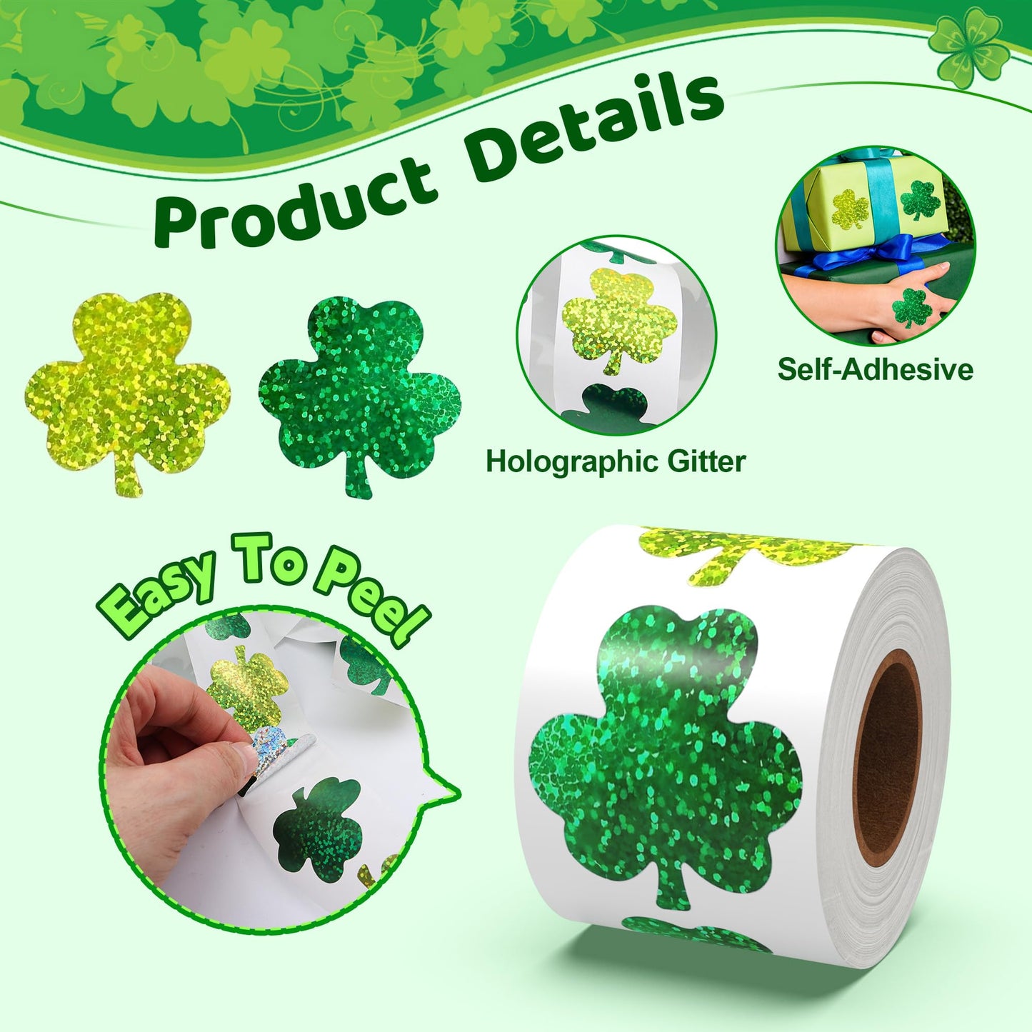 Nelisylux St. Patrick's Day Stickers Roll – 500 Pcs Glitter & Holographic Shamrocks