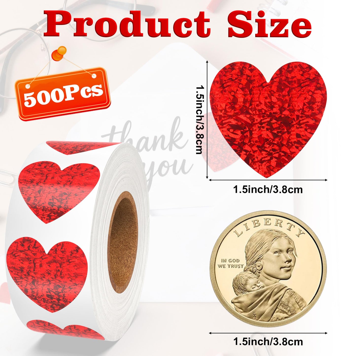 Nelisylux 1.5 Inch Glitter Heart Stickers – 500 Pcs Red Valentine Stickers for Crafts, Envelopes, Gifts
