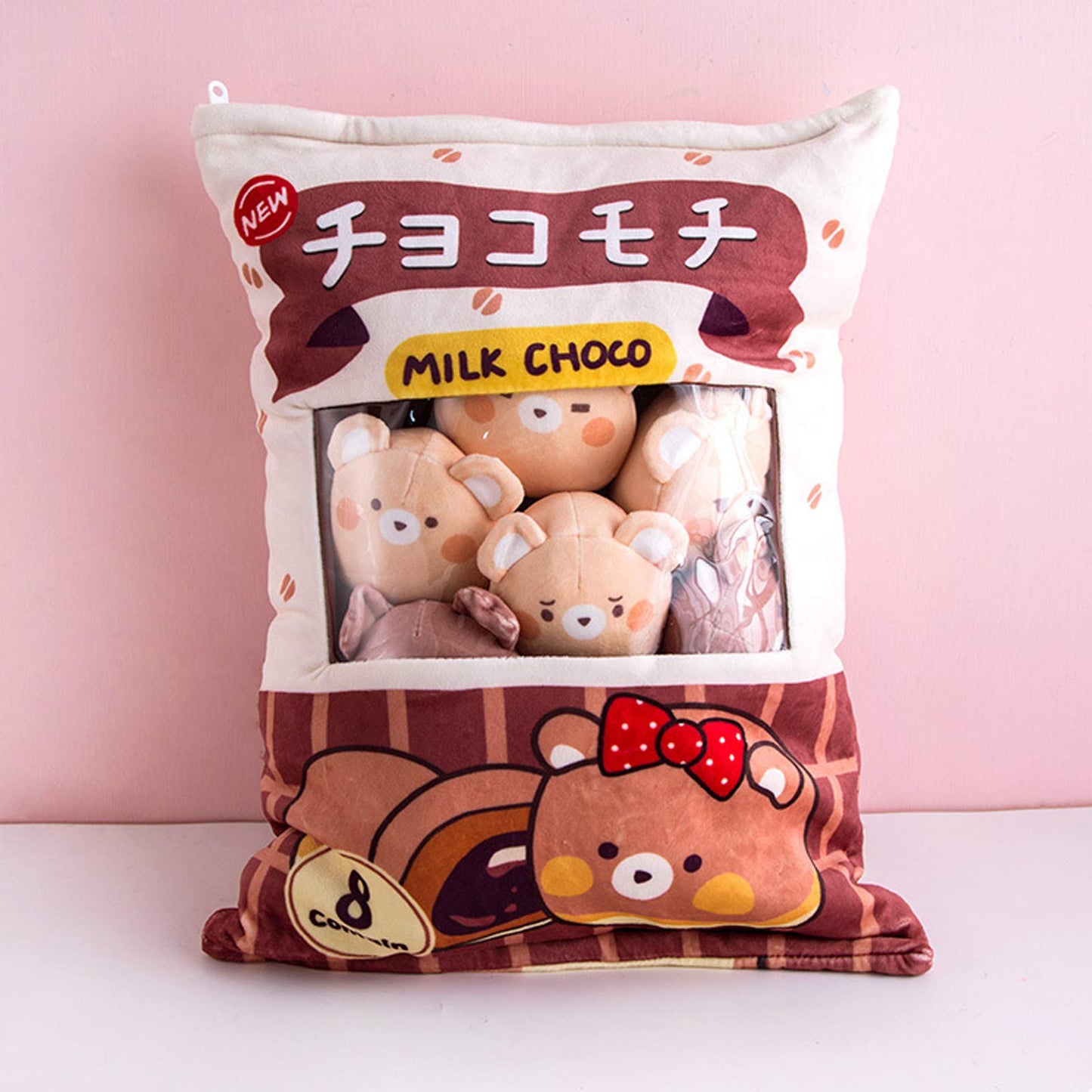 Nenalayo Chocolate Bear Plush Bag — 8 Removable Plush Toys, Cozy Throw Pillow