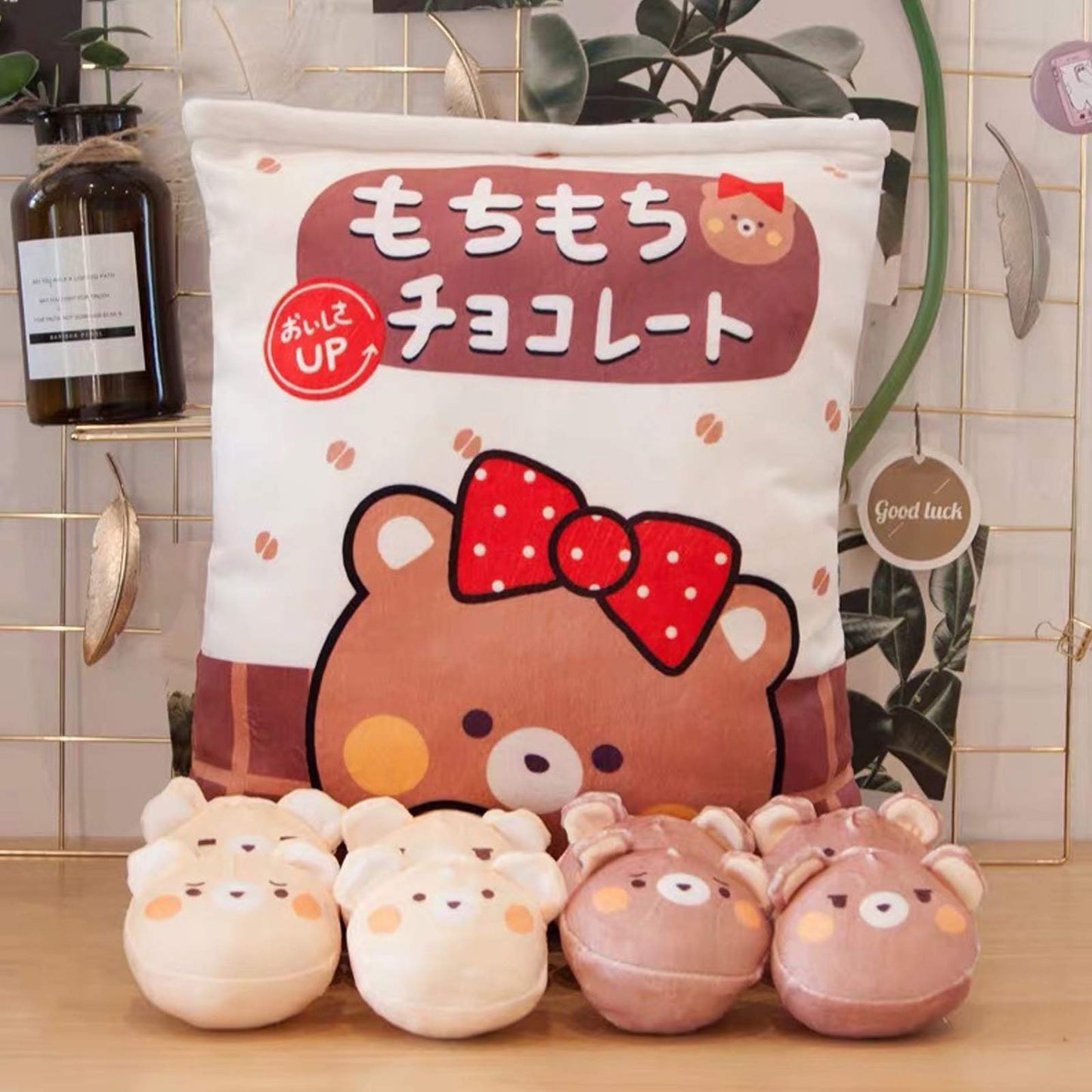 Nenalayo Chocolate Bear Plush Bag — 8 Removable Plush Toys, Cozy Throw Pillow