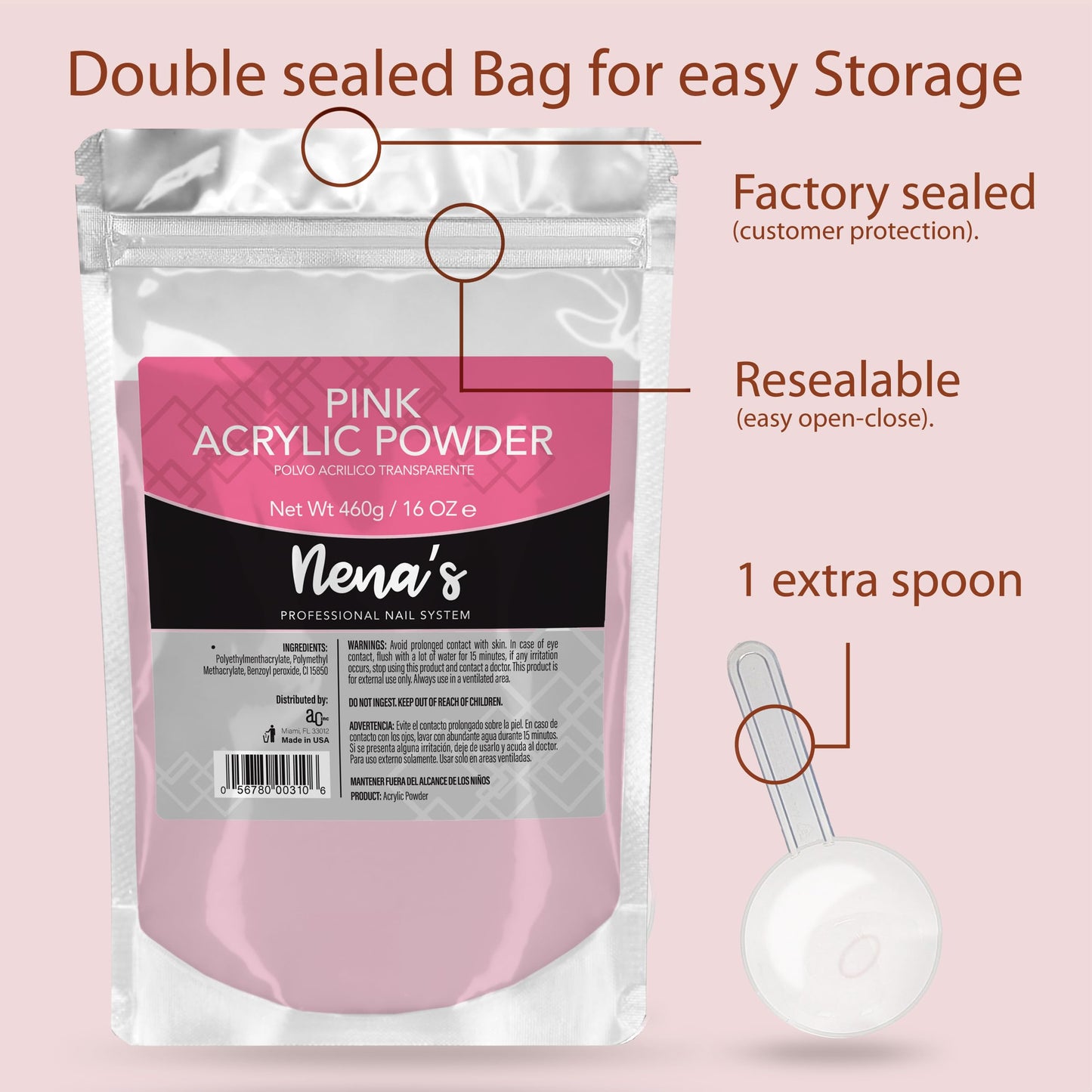 Nena's Superior Sculpting Powder – 16 oz Professional Acrylic Nail System (Clear & Pink)
