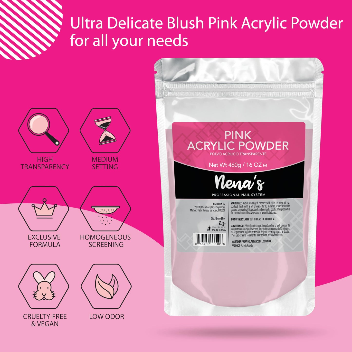 Nena's Superior Sculpting Powder – 16 oz Professional Acrylic Nail System (Clear & Pink)