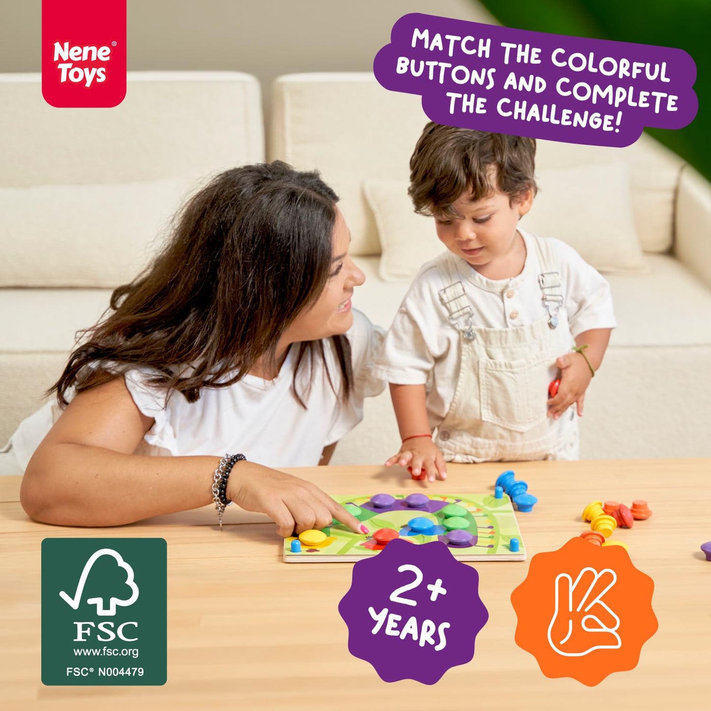 Nene Toys Wooden Color Matching Puzzle for Toddlers 2+ – Montessori Pegboard with Nails & Cards