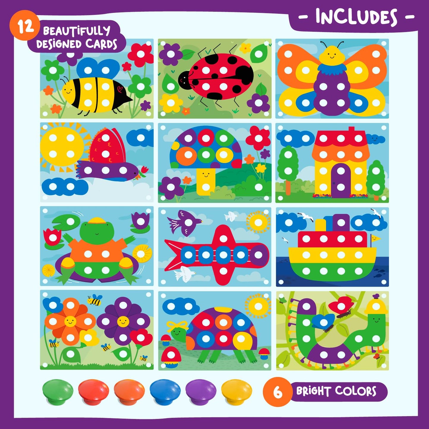 Nene Toys Wooden Color Matching Puzzle for Toddlers 2+ – Montessori Pegboard with Nails & Cards