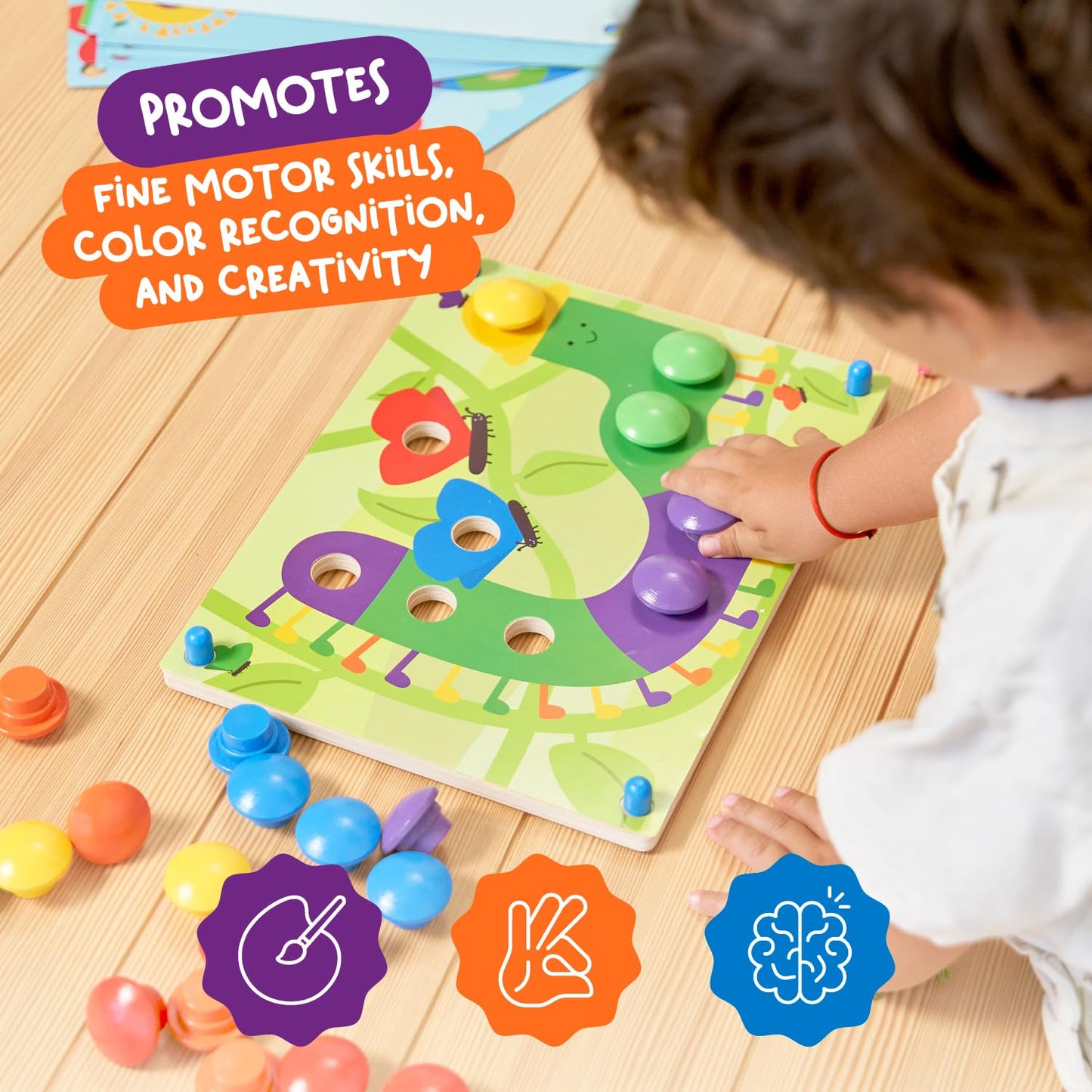 Nene Toys Wooden Color Matching Puzzle for Toddlers 2+ – Montessori Pegboard with Nails & Cards