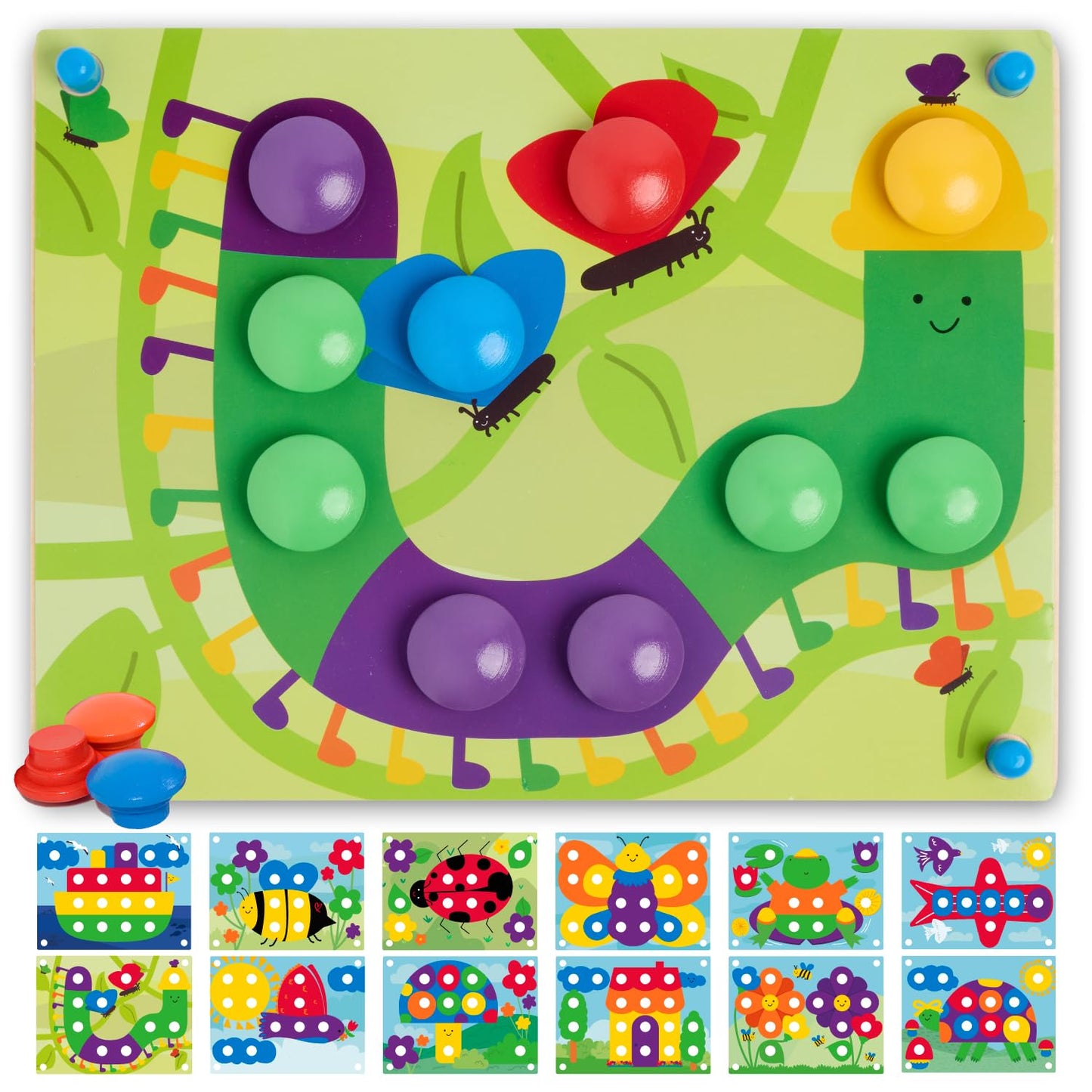 Nene Toys Wooden Color Matching Puzzle for Toddlers 2+ – Montessori Pegboard with Nails & Cards