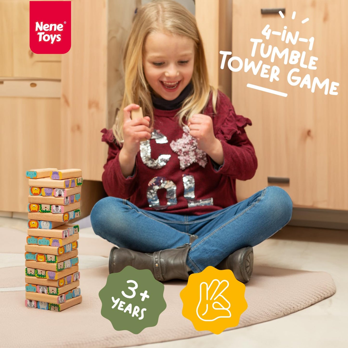 Nene Toys Wooden Block Stacking Game – 4-in-1 Safari Family Board Game