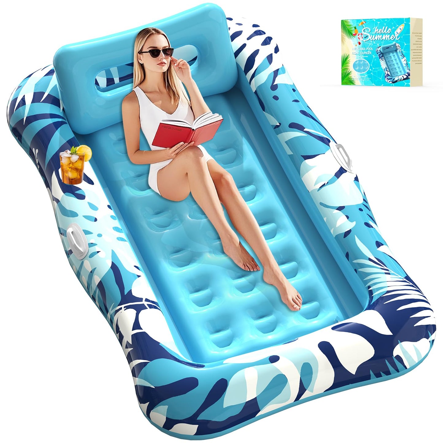 Nenrsl Pool Floats Adult 76x48 XL Lounger with Pillow — 4-in-1 Suntan Tub