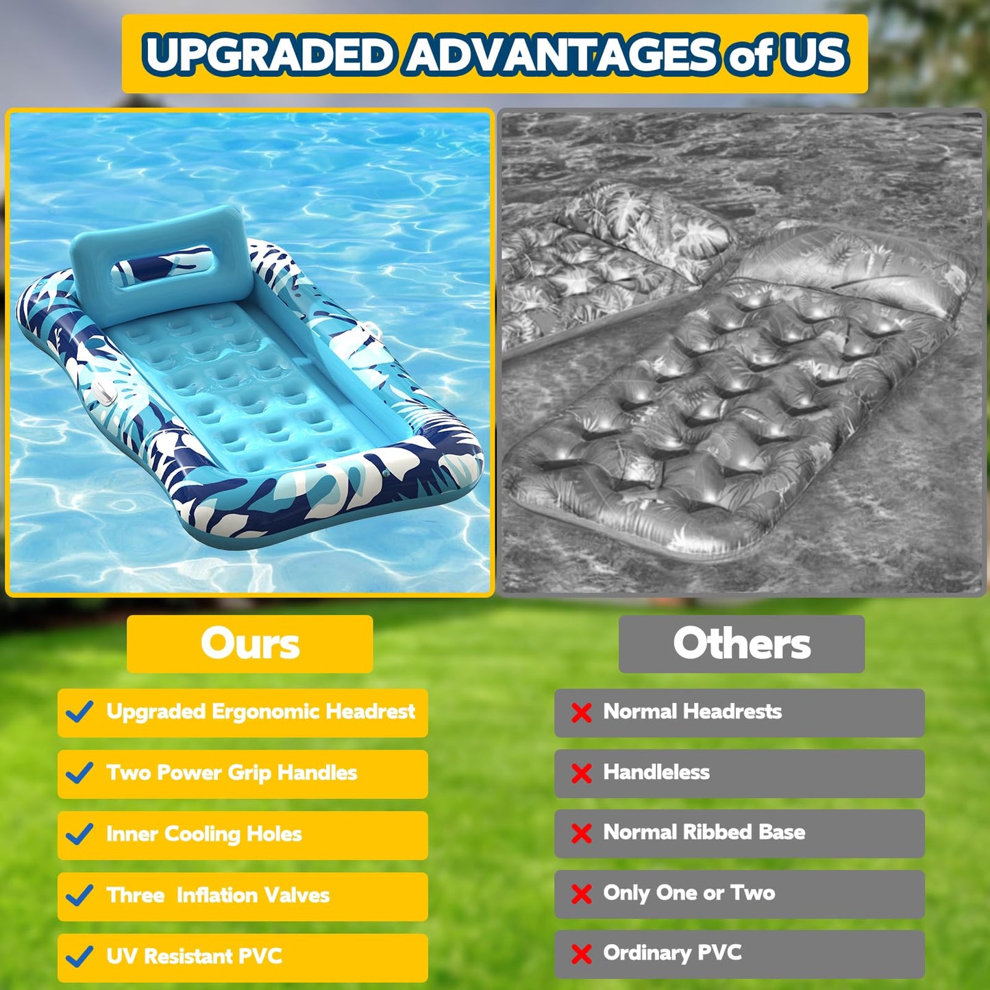 Nenrsl Pool Floats Adult 76x48 XL Lounger with Pillow — 4-in-1 Suntan Tub