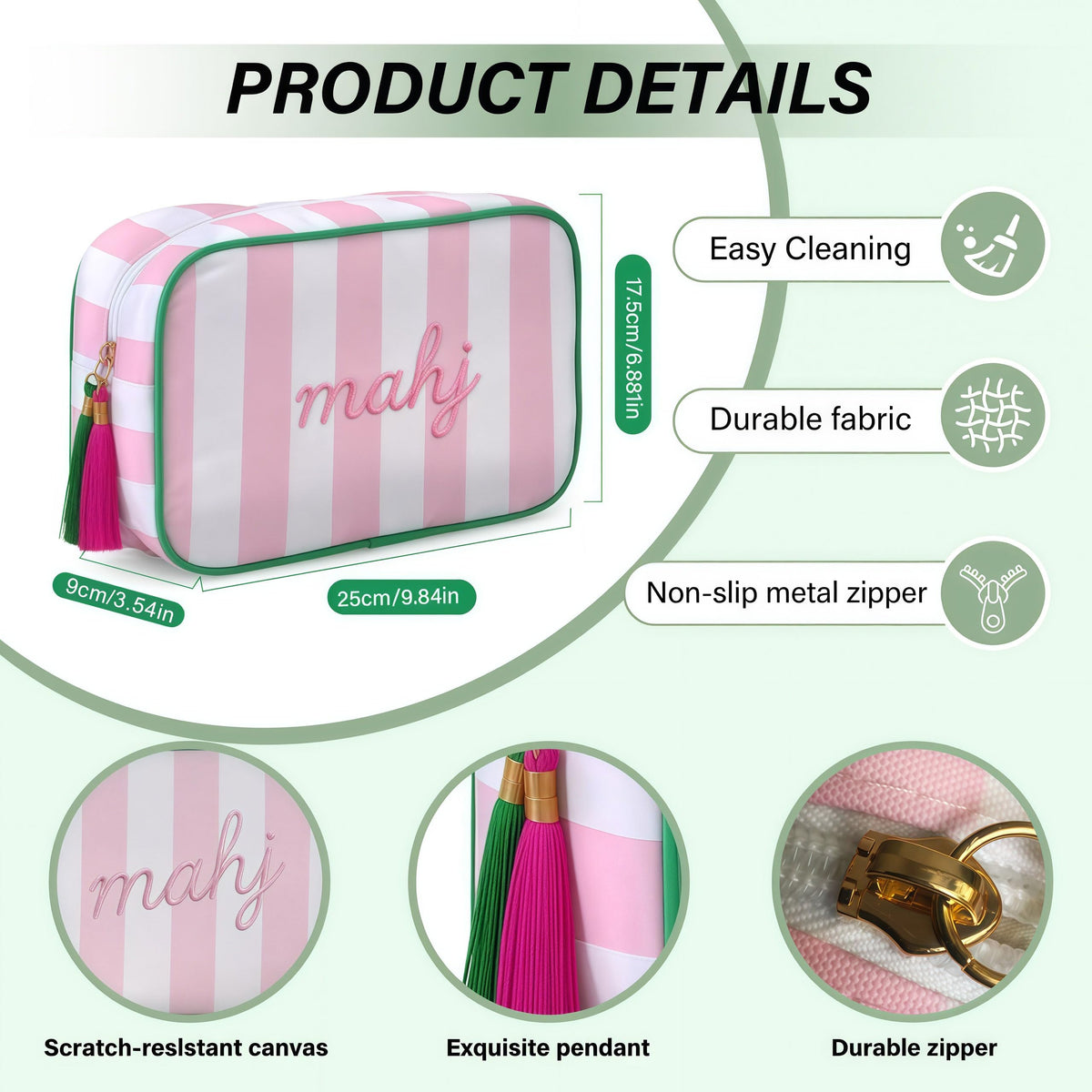 NeoDigix Pink Mahjong Tiles Bag with Zipper – Thickened Canvas Storage for Tiles, Racks & Accessories, 10 x 6.8 x 3.5 in