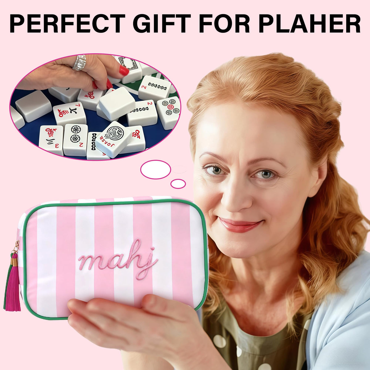 NeoDigix Pink Mahjong Tiles Bag with Zipper – Thickened Canvas Storage for Tiles, Racks & Accessories, 10 x 6.8 x 3.5 in