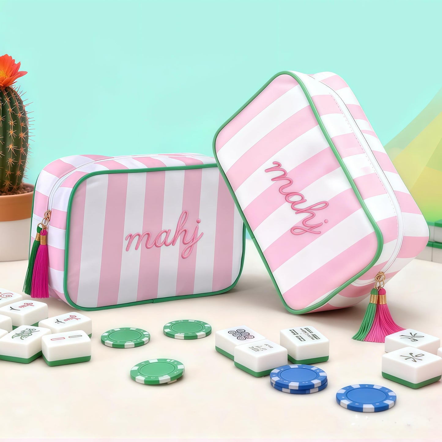 NeoDigix Pink Mahjong Tiles Bag with Zipper – Thickened Canvas Storage for Tiles, Racks & Accessories, 10 x 6.8 x 3.5 in