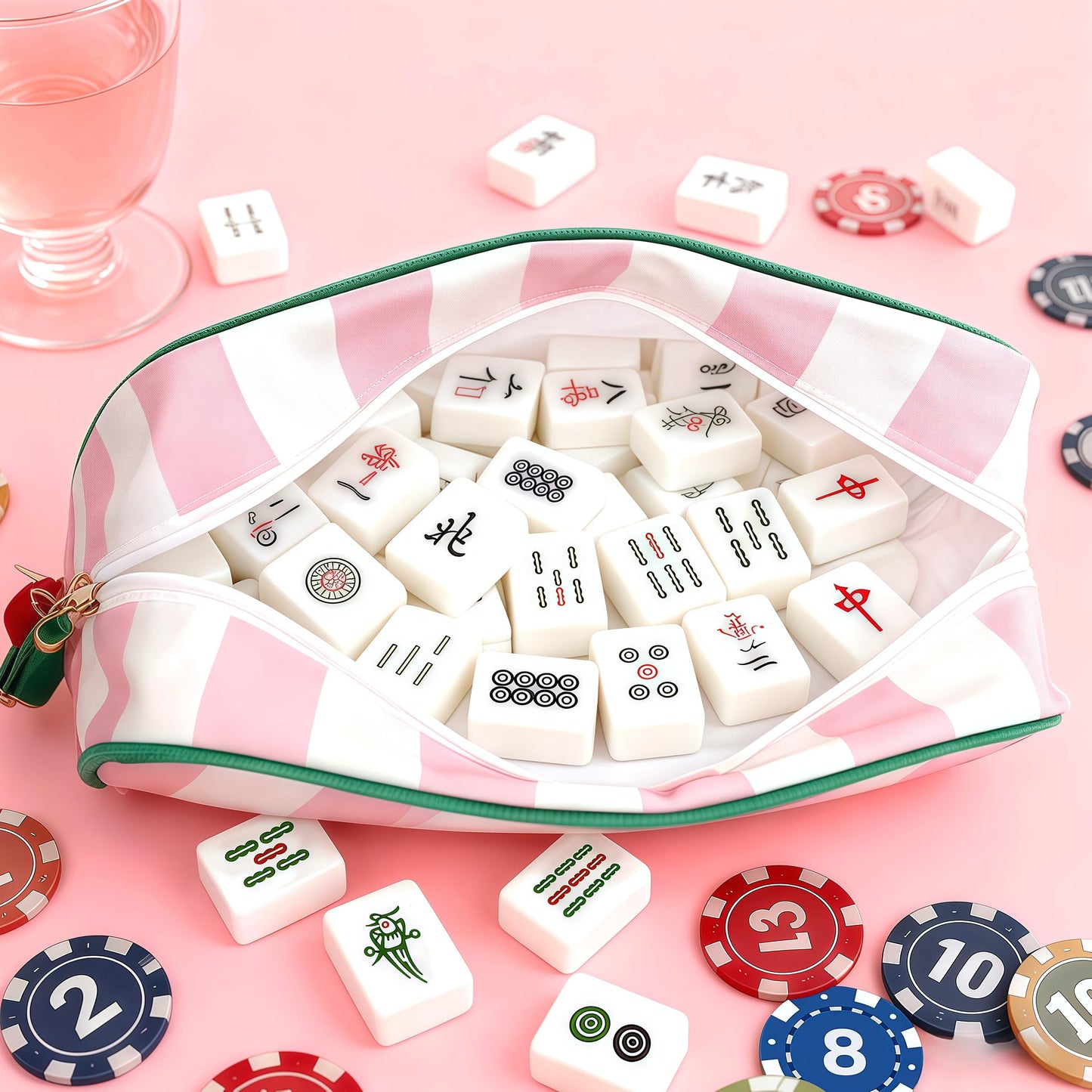NeoDigix Pink Mahjong Tiles Bag with Zipper – Thickened Canvas Storage for Tiles, Racks & Accessories, 10 x 6.8 x 3.5 in