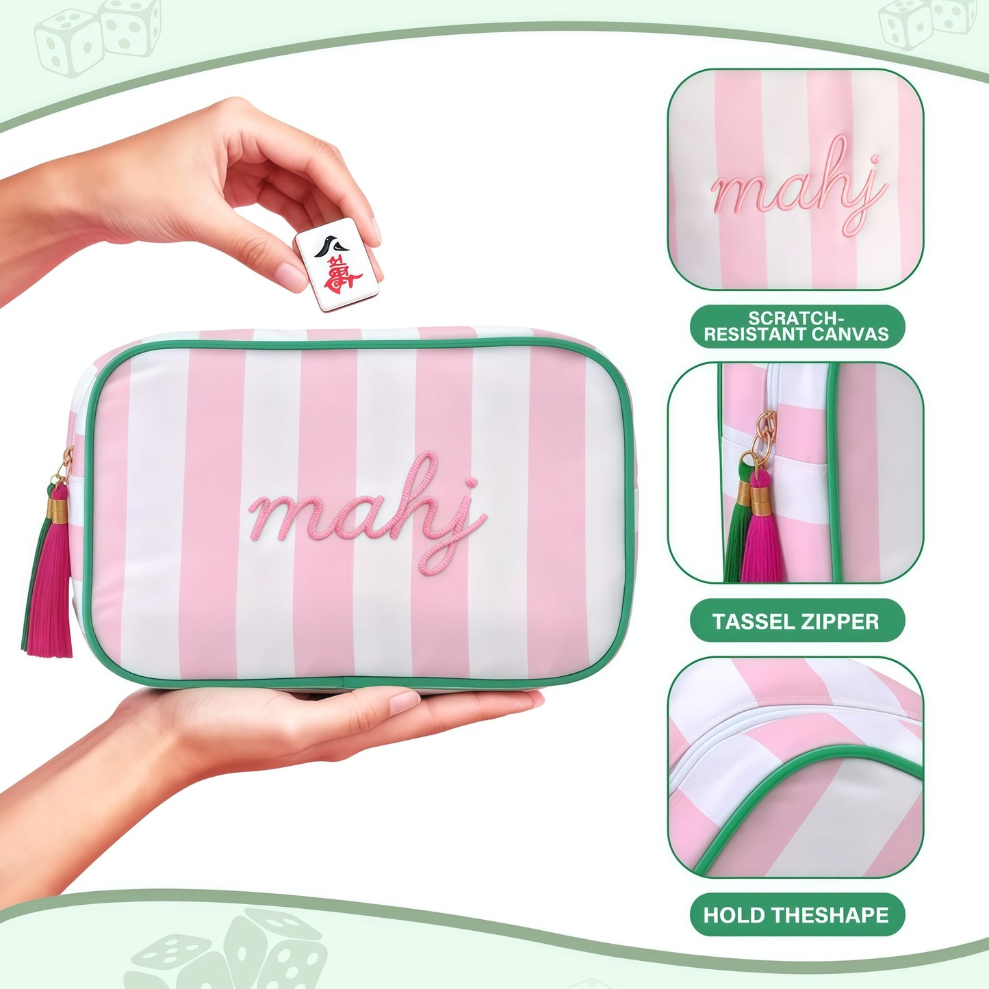 NeoDigix Pink Mahjong Tiles Bag with Zipper – Thickened Canvas Storage for Tiles, Racks & Accessories, 10 x 6.8 x 3.5 in