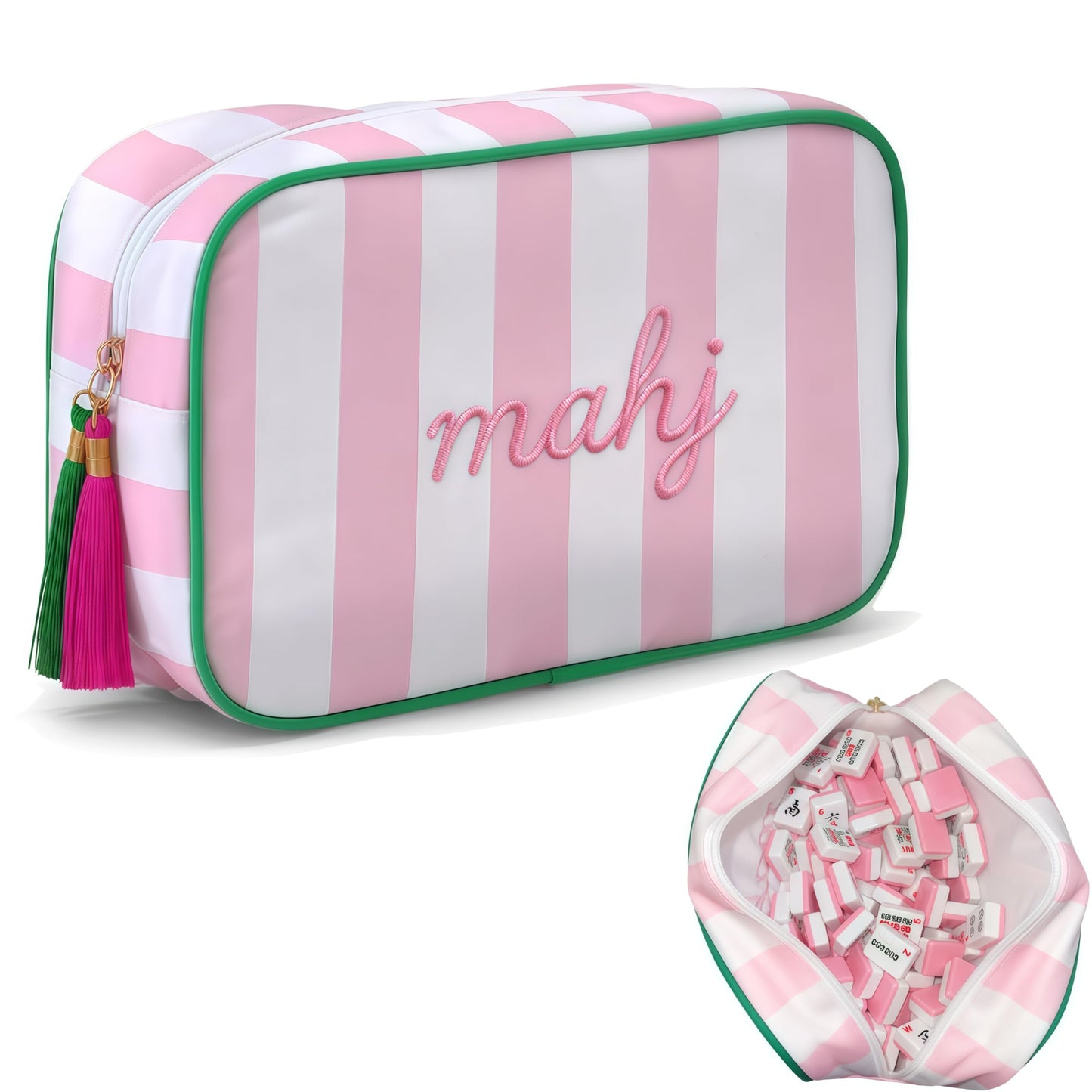NeoDigix Pink Mahjong Tiles Bag with Zipper – Thickened Canvas Storage for Tiles, Racks & Accessories, 10 x 6.8 x 3.5 in